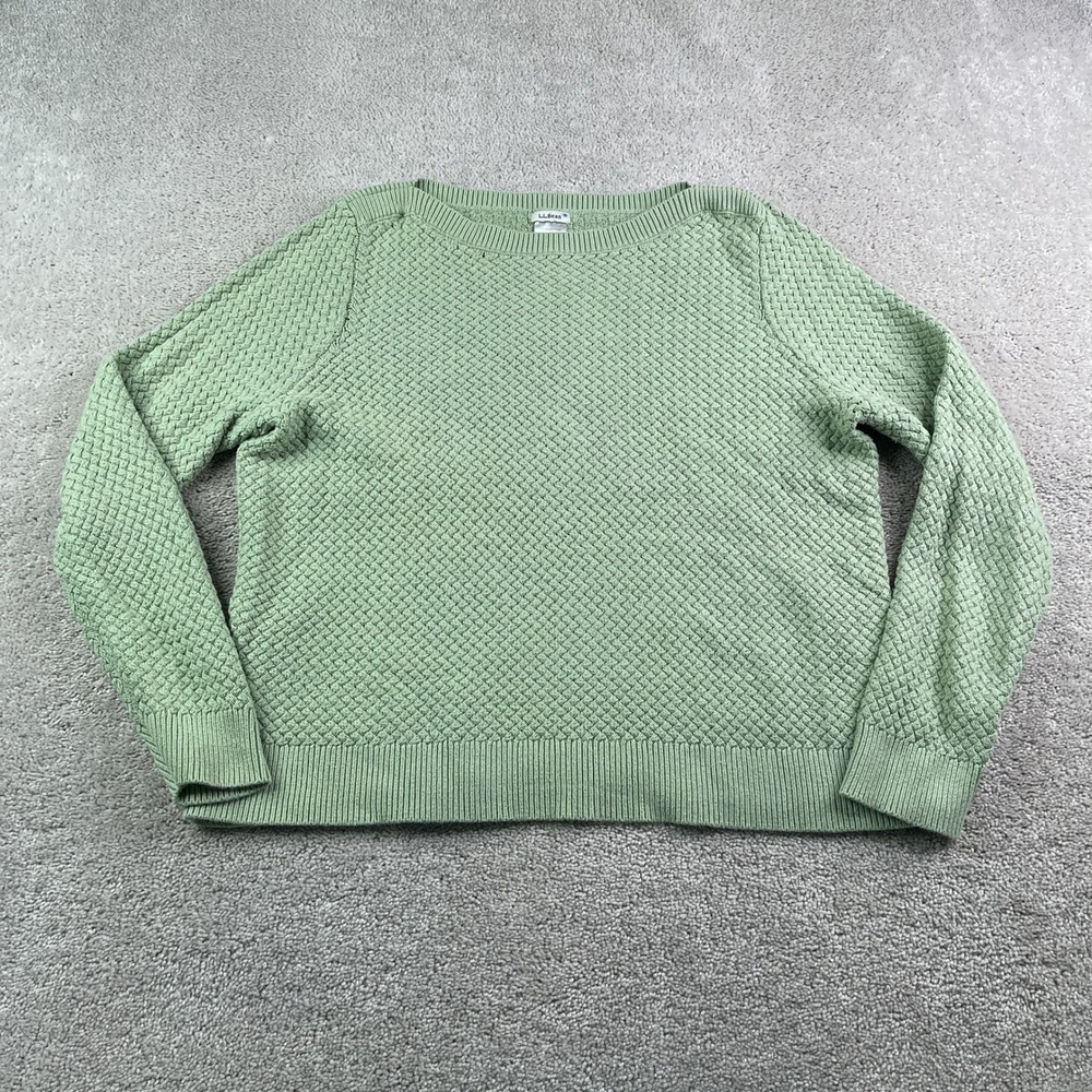 LL Bean Sweater Women 1X Green Textured Basketweave Knit Cotton Boat Neck
